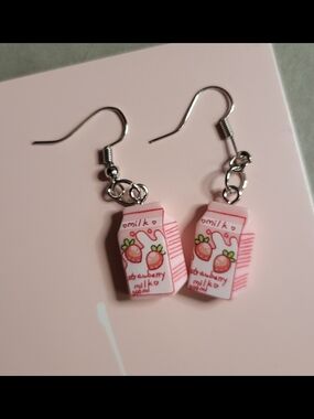 Strawberry Milk Carton Dangle Earrings - Pink